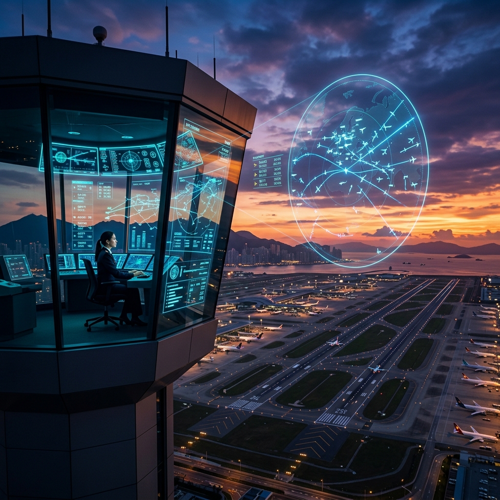 AI-powered air traffic control tower with holographic radar displays at sunset