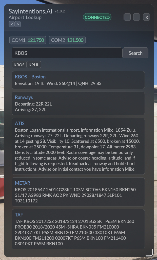 SayIntentions.AI FlowPro Widget Airport Lookup for KBOS showing runways, ATIS, METAR, and TAF