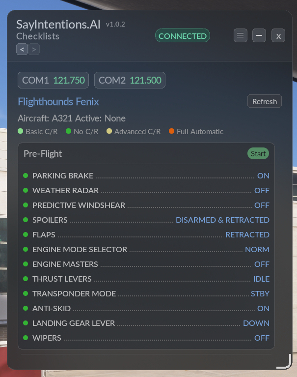SayIntentions.AI FlowPro Widget Checklists view showing a Pre-Flight checklist for the Fenix A321