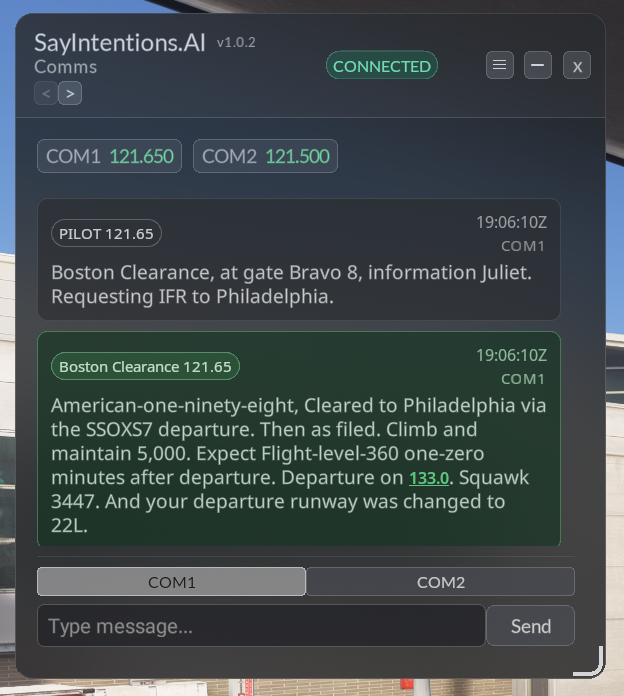 SayIntentions.AI FlowPro Widget — Comms view with live AI ATC clearance from Boston Clearance on COM1 121.65