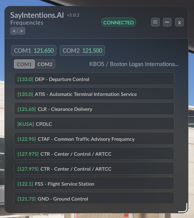 SayIntentions.AI FlowPro Widget Frequencies view listing KBOS Boston Logan airport frequencies including DEP, ATIS, CLR, CPDLC, and CTAF