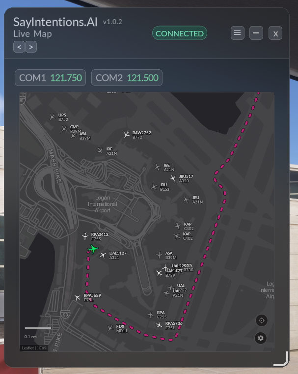 SayIntentions.AI FlowPro Widget — Live map view with SkyNet Multiplayer traffic at Boston Logan International Airport (KBOS)
