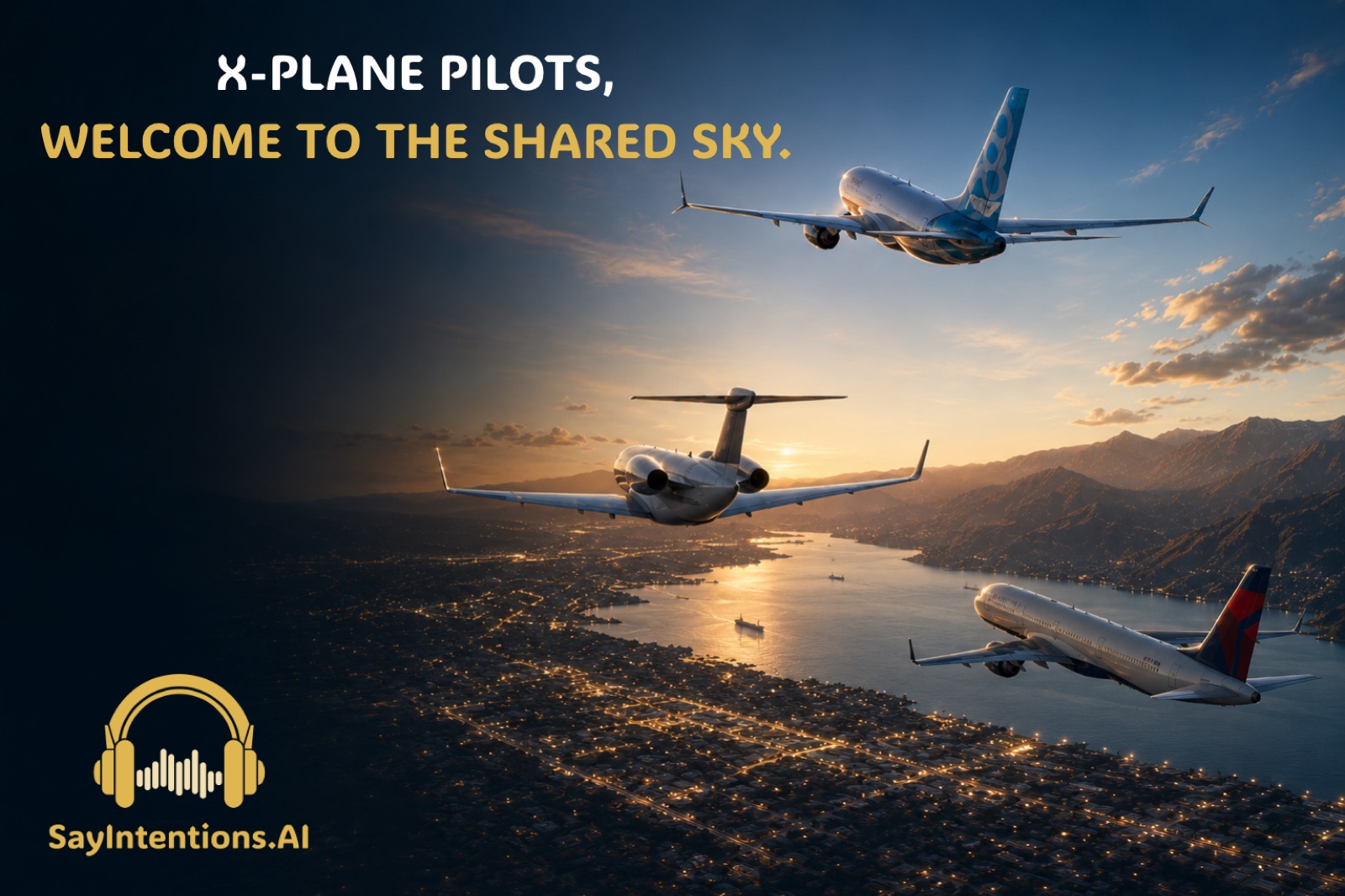 X-Plane pilots, welcome to the shared sky — three airliners flying together at sunset above a coastal city