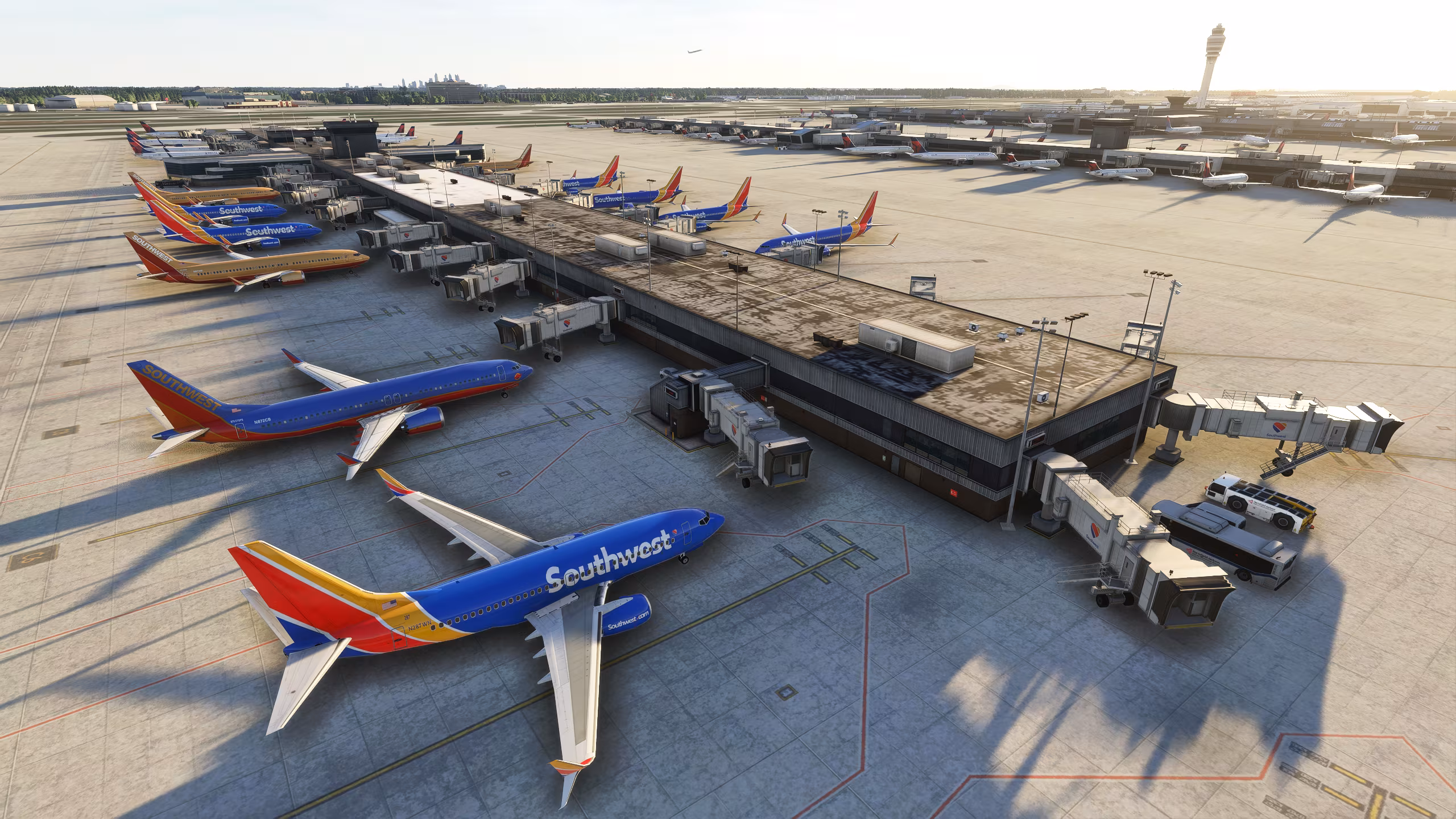 Airline traffic operating with realistic runway and taxi coordination