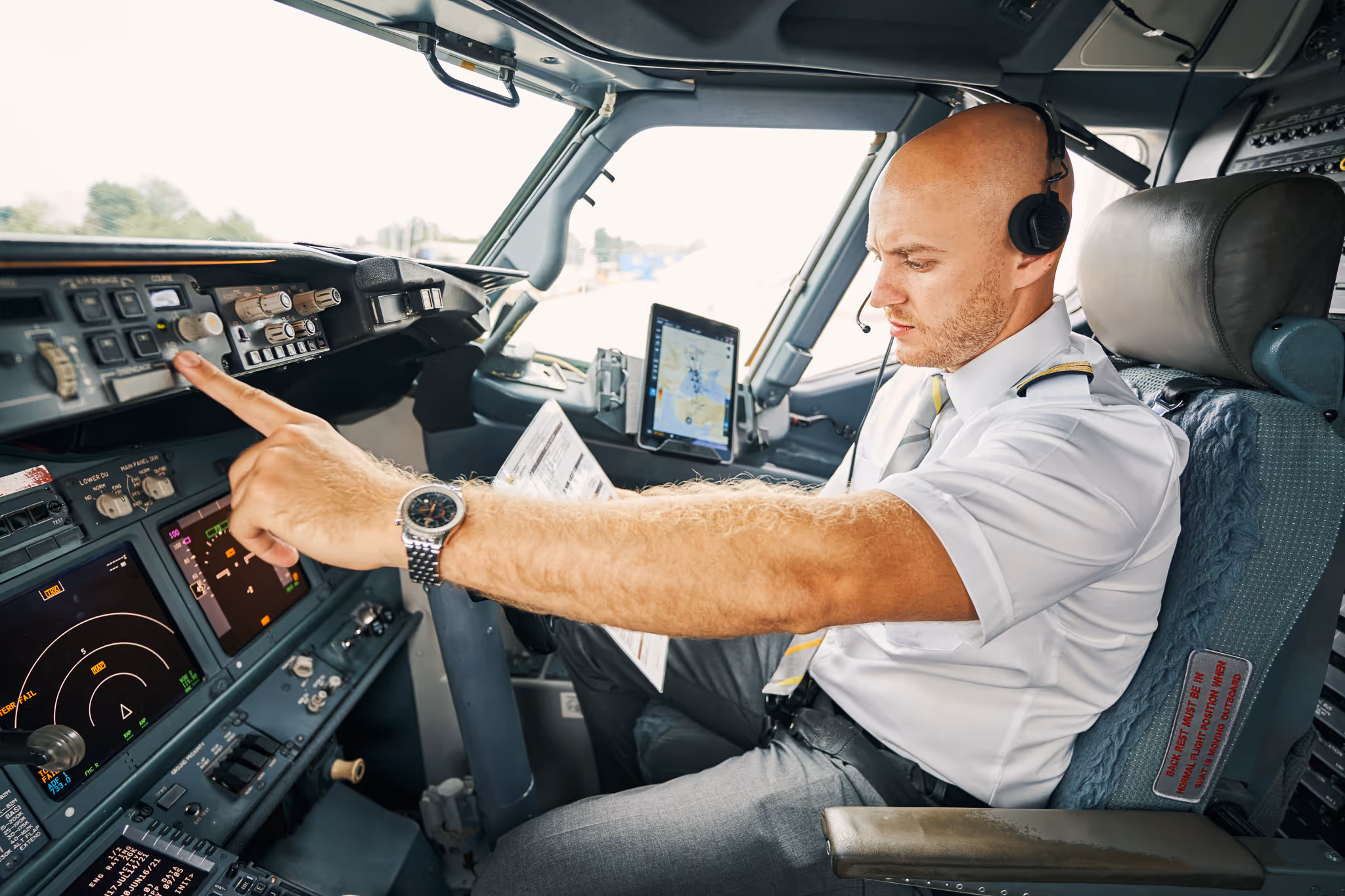 Pilot issuing voice commands to AI co-pilot