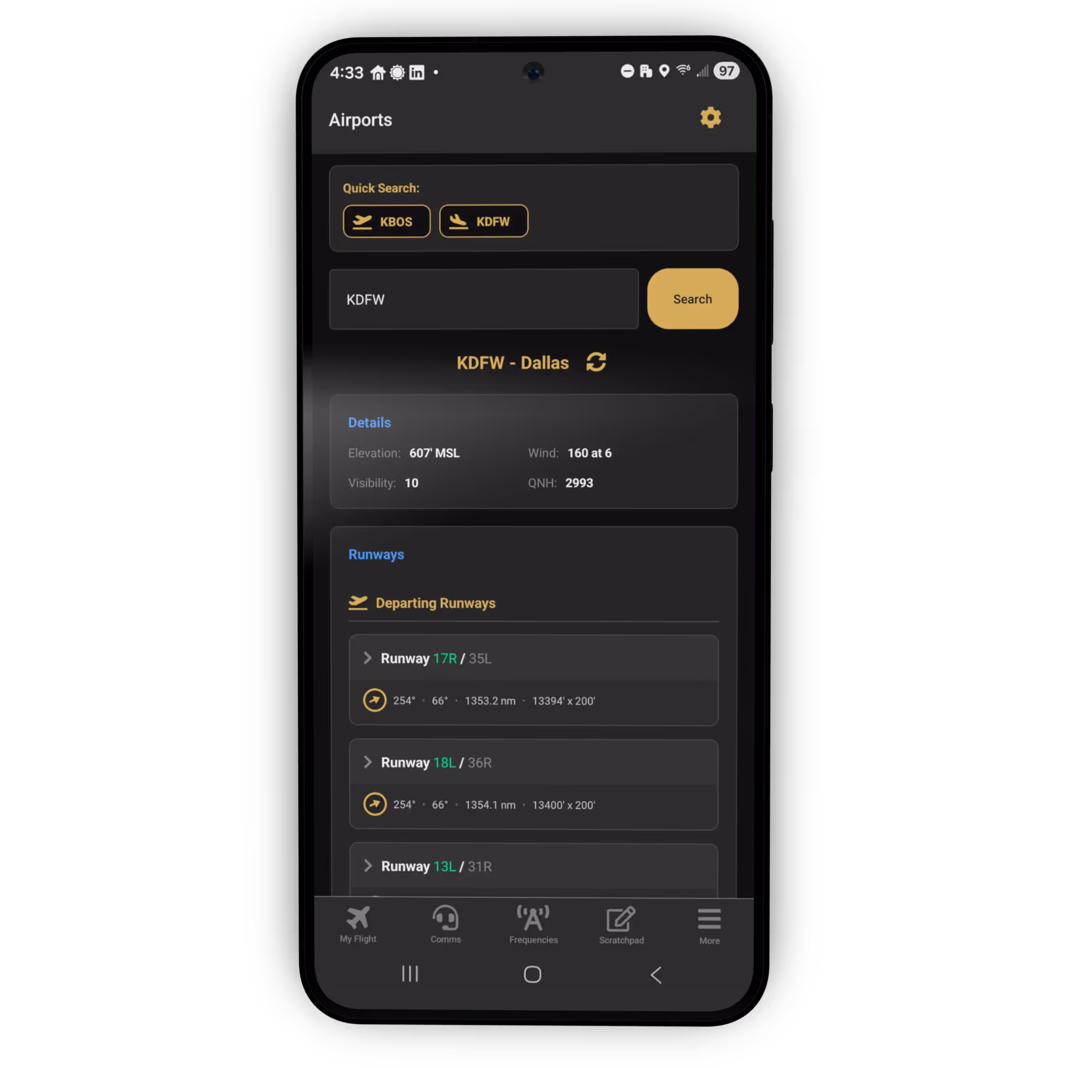 PocketSky airport lookup — runway, METAR, and STAR details