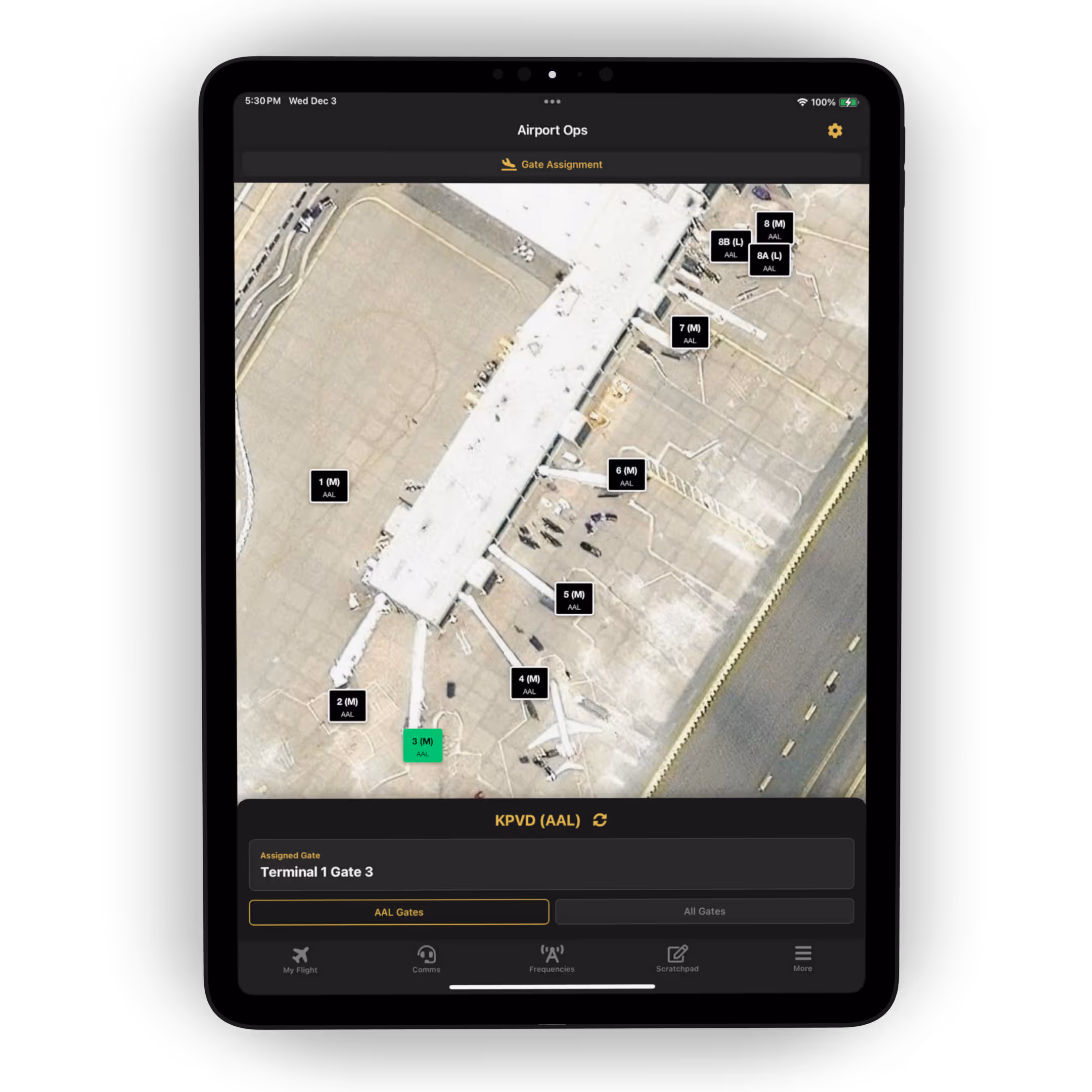PocketSky gate request map — airport gate layout