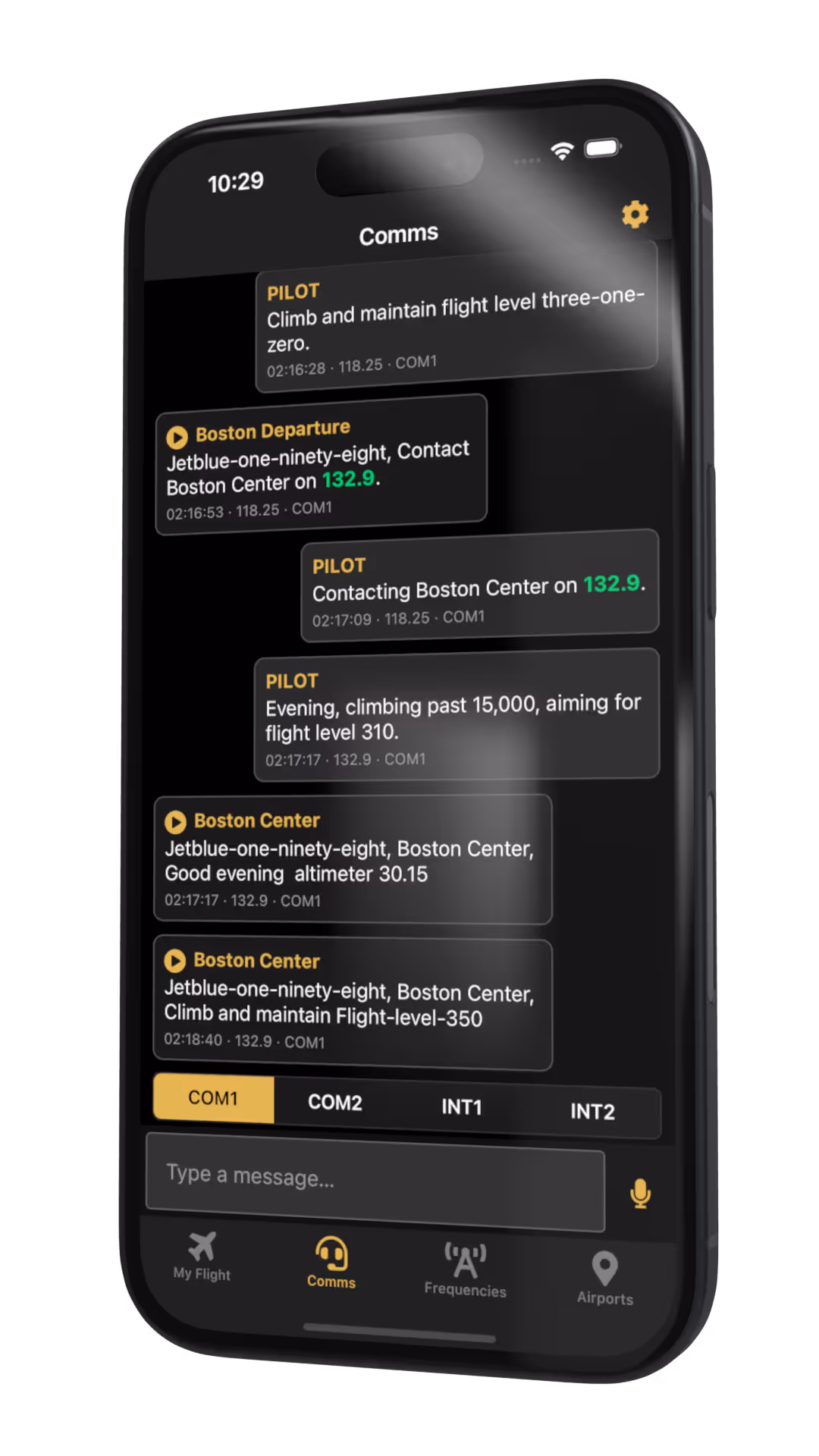 PocketSky app — ATC chat screen