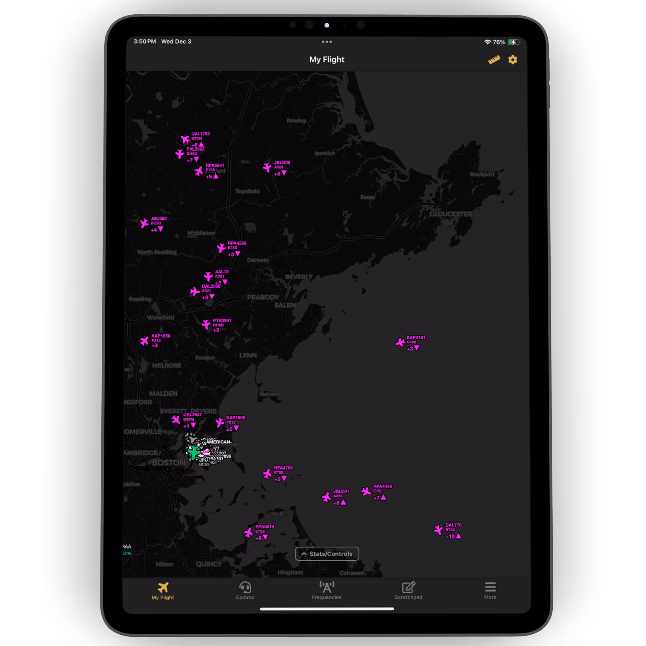 PocketSky in-flight monitoring — TCAS-style traffic display