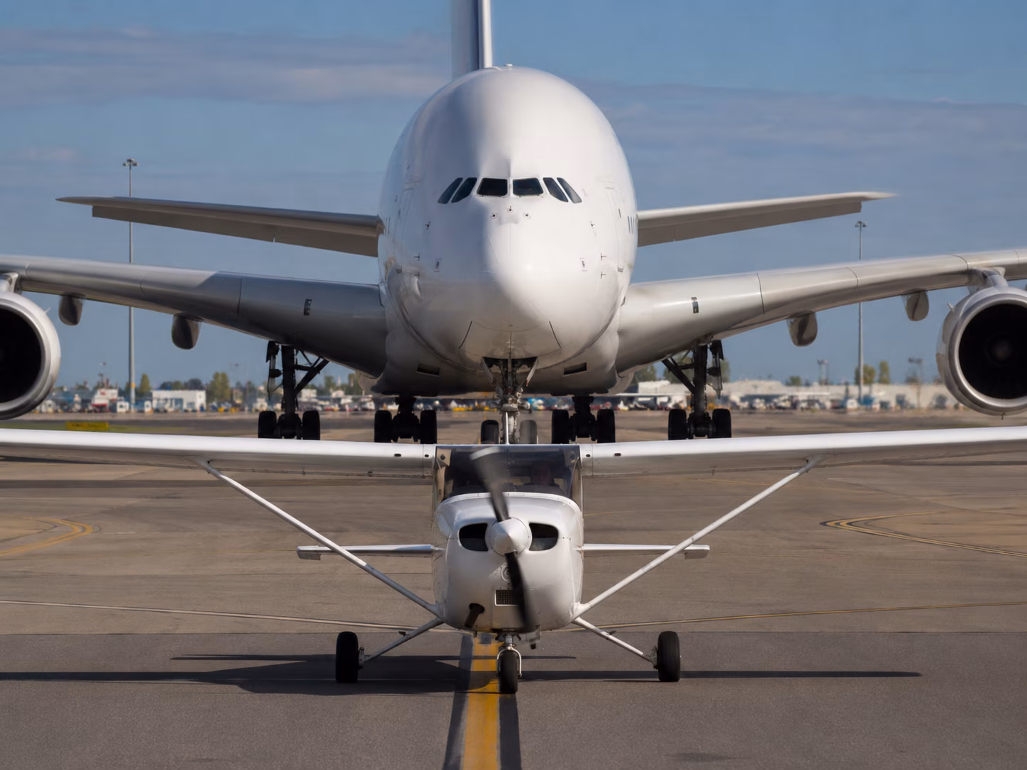 A light GA single taxiing nose-to-nose with an Airbus A380
