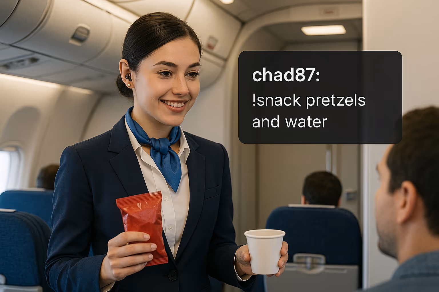 Cabin crew serving snacks from viewer chat requests during a live stream